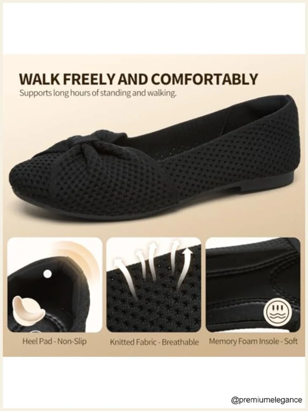 Chic Bow Flats Memory Foam Ballet Slip Ons Breathable Knit Round Toe